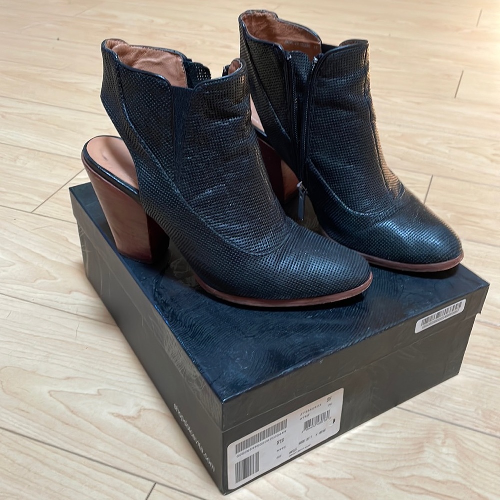 Dolce Vita Perforated Black Leather and Open Back Wooden Heels